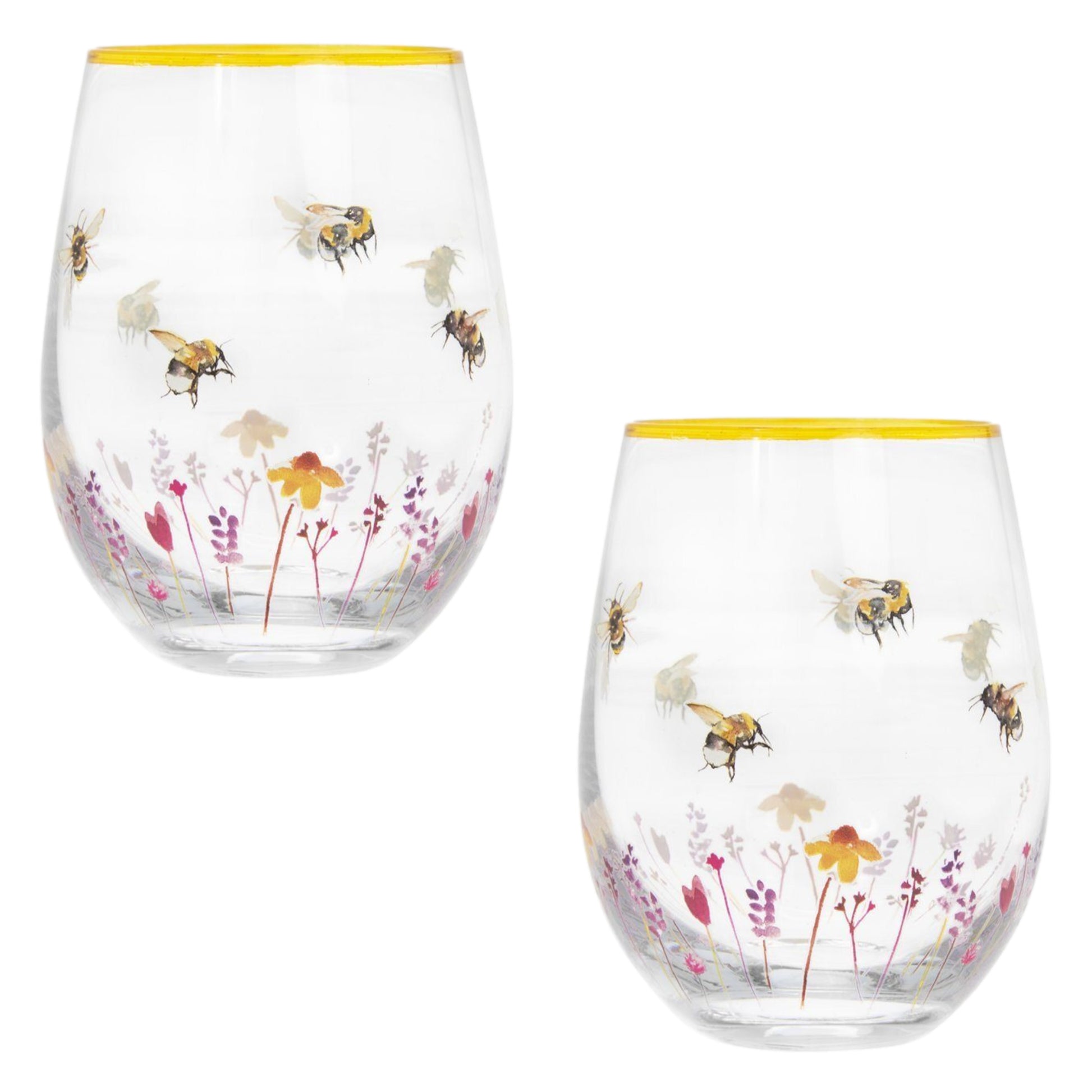 2Pcs Hand Painted Bees & Flowers Stemless Gin Glass (design by Jennifer Rose)