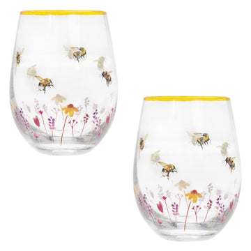 2Pcs Hand Painted Bees & Flowers Stemless Gin Glass (design by Jennifer Rose)