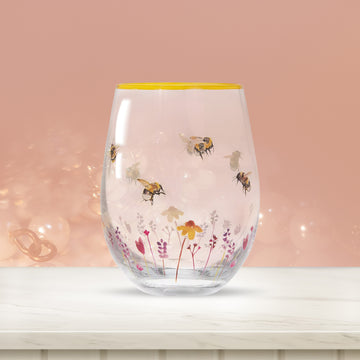 Hand Painted Bees & Flowers Stemless Gin Glass (design by Jennifer Rose)