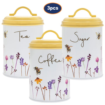 3-pc Bees & Flowers Yellow Coffee, Tea & Sugar Storage Tin with Airtight Lid - Floral