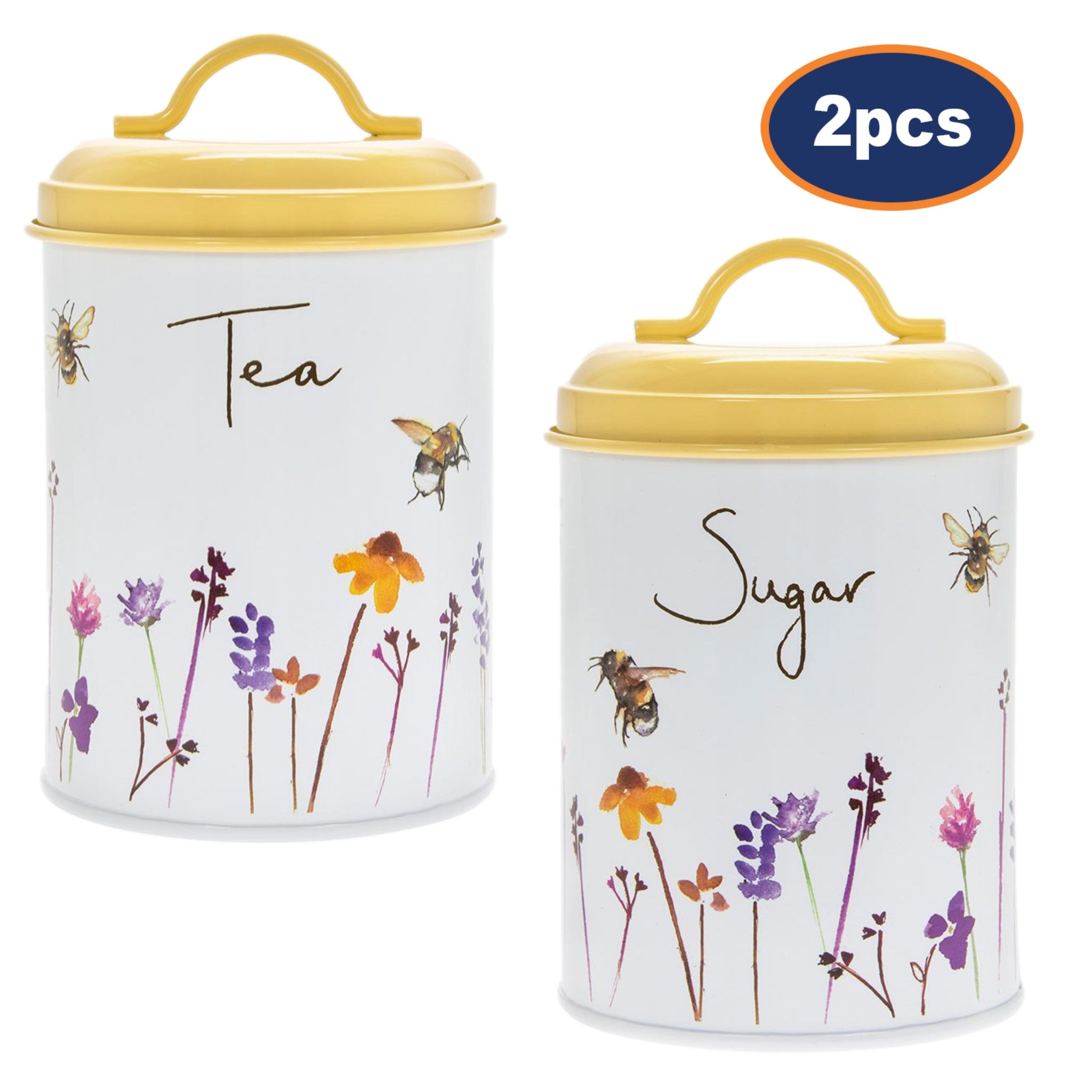 2-pc Bees & Flowers Yellow Tea & Sugar Storage Tin with Airtight Lid- Floral