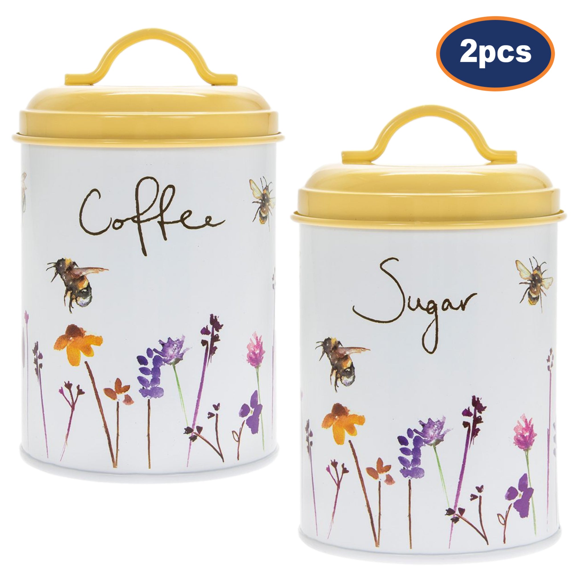 2-pc Bees & Flowers Yellow Coffee & Sugar Storage Tin with Airtight Lid- Floral