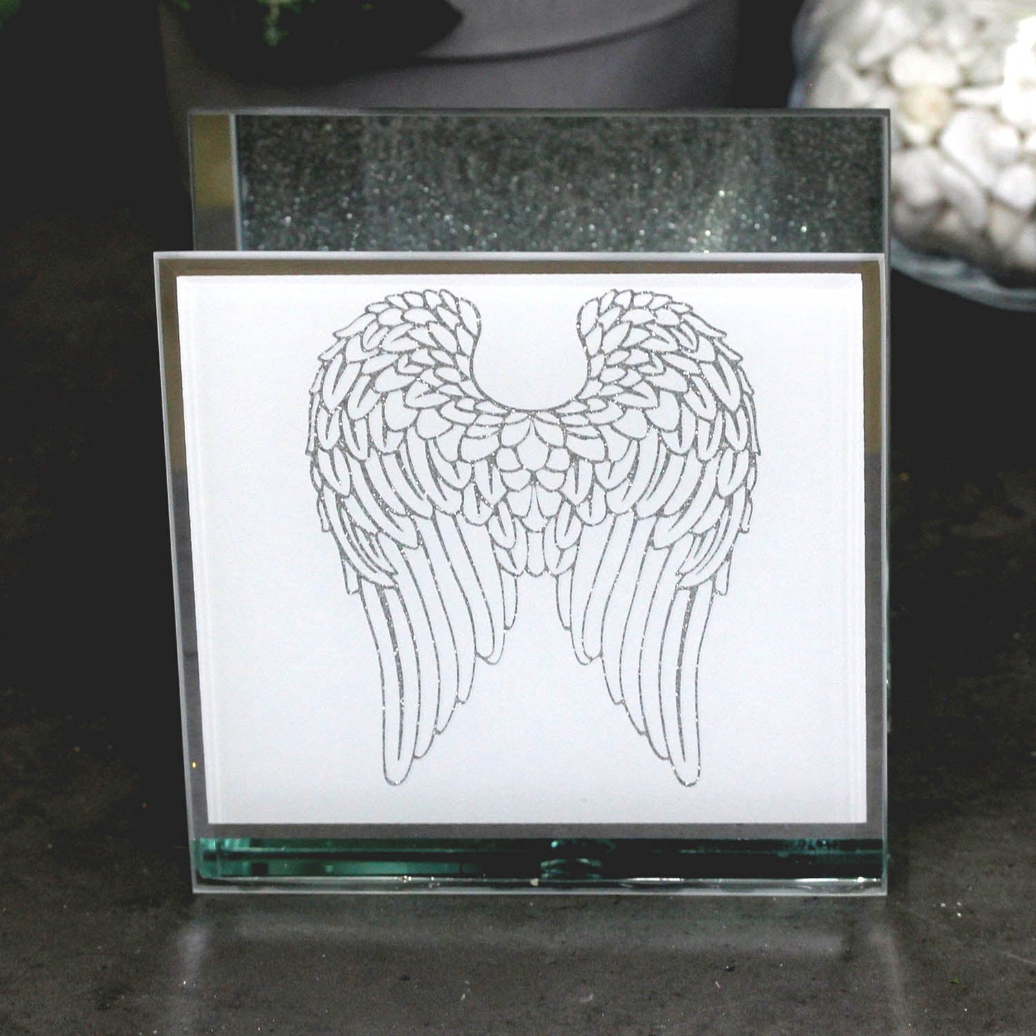 Angel Wings Glitter Mirrored Glass Tea Light Holder