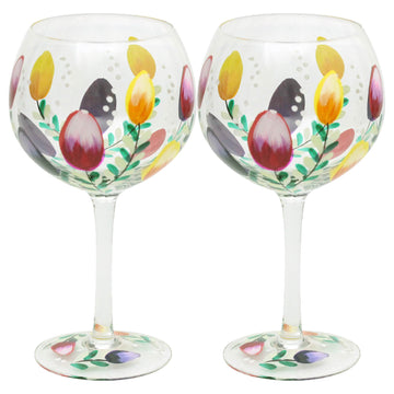 2Pcs Lynsey Johnstone Hand Painted Tulips Gin Glasses