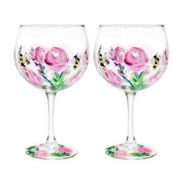 2-pc  Hand Painted Bees & Roses Gin & Tonic  Drink Glass