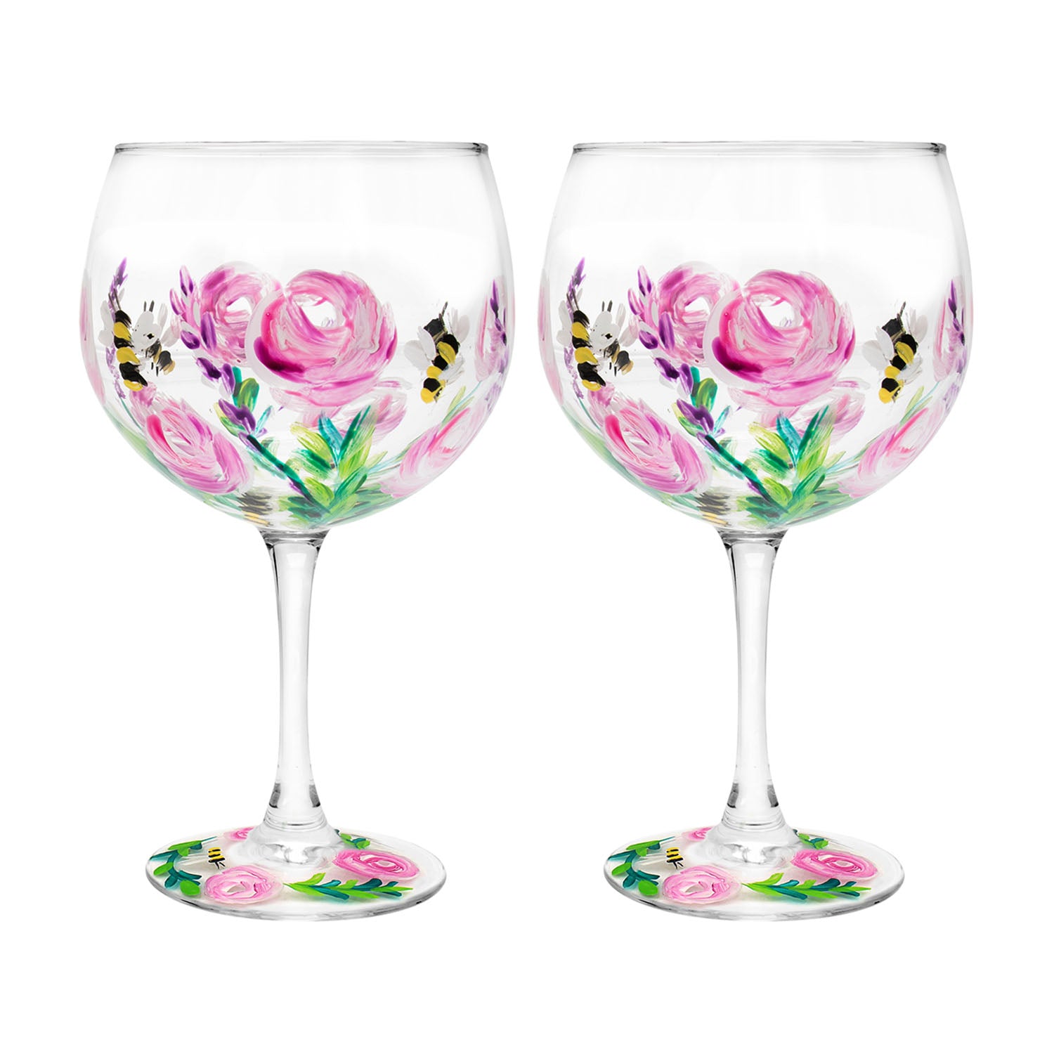 2Pcs Lynsey Johnstone Hand Painted Ladybirds & Roses Gin Glasses