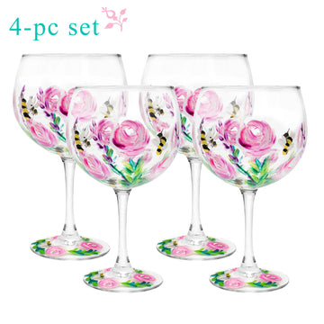 4-pc Hand Painted Bees & Roses Gin & Tonic Drink Glass