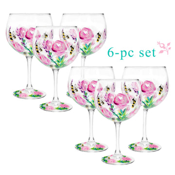 6-pc Hand Painted Bees & Roses Gin & Tonic  Drink Glass