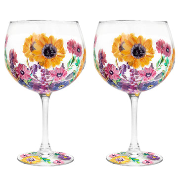 2Pcs Lynsey Johnstone Hand Painted Sunflowers Cocktail Gin Glasses