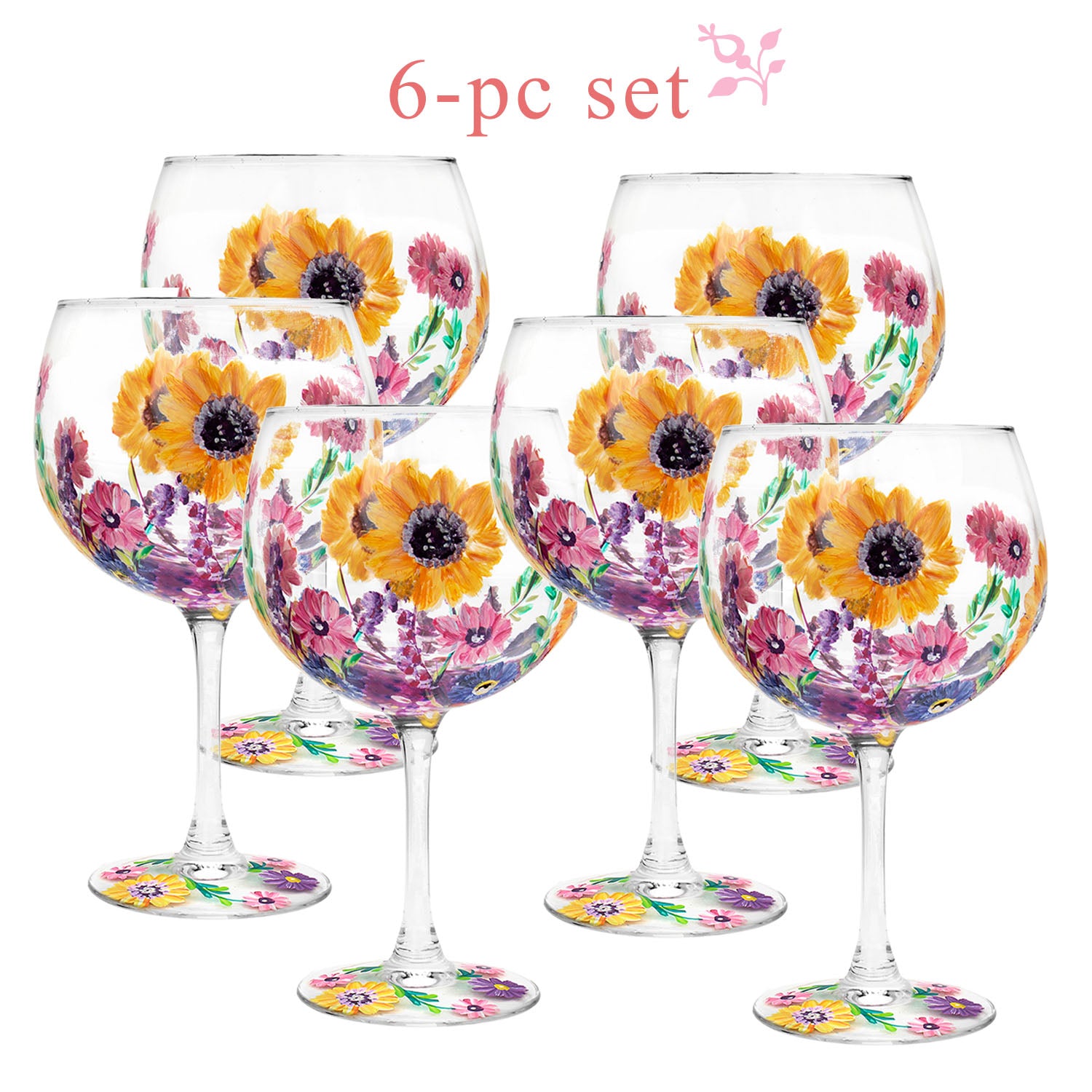 6Pcs Lynsey Johnstone Hand Painted Sunflowers Cocktail Gin Glasses