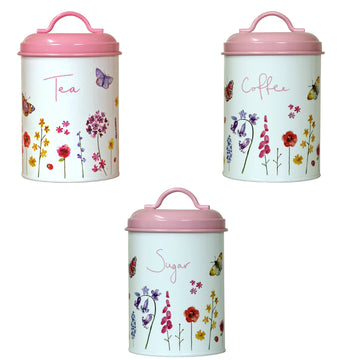 3-pc Pink Butterfly Garden Tea, Coffee & Sugar Canister Set