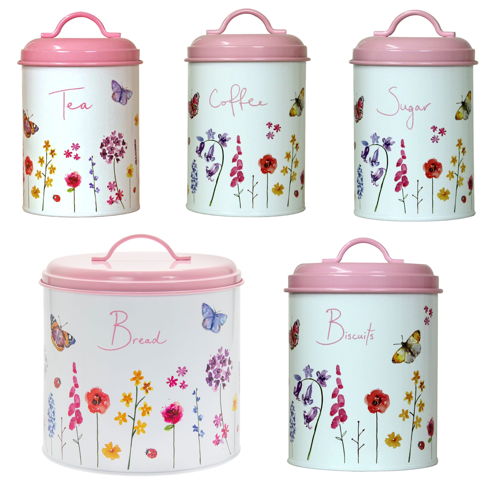 5-pc Pink Butterfly Garden Tea, Coffee, Sugar, Bread & Biscuits Canister Set