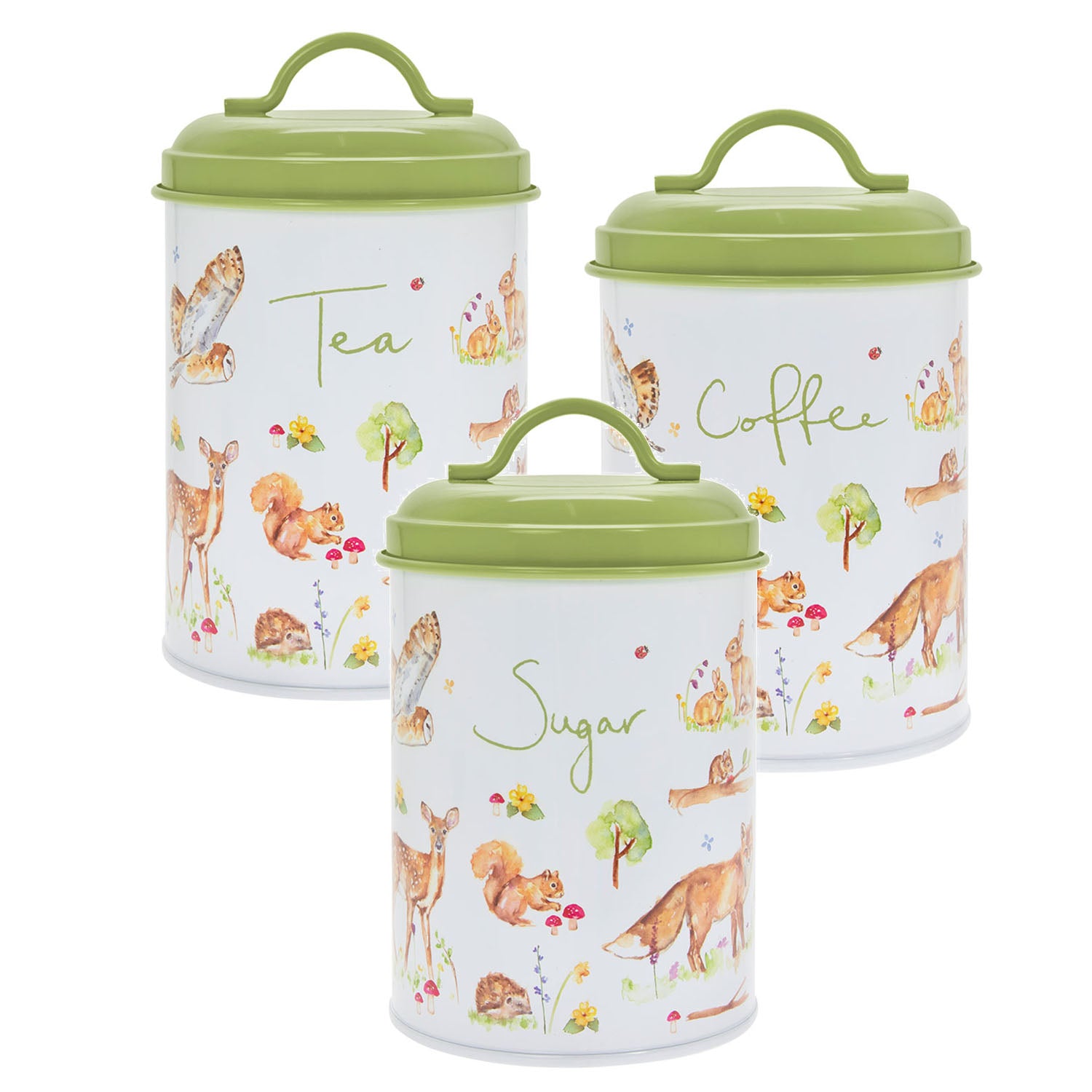 3-pc Green Wildlife Animals  Tea, Coffee & Sugar Tin Canister