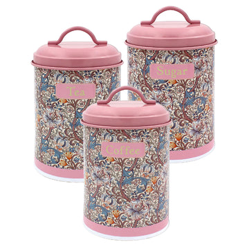 3-pc Pink Morris Lily  Tea, Coffee & Sugar Tin Canister Set