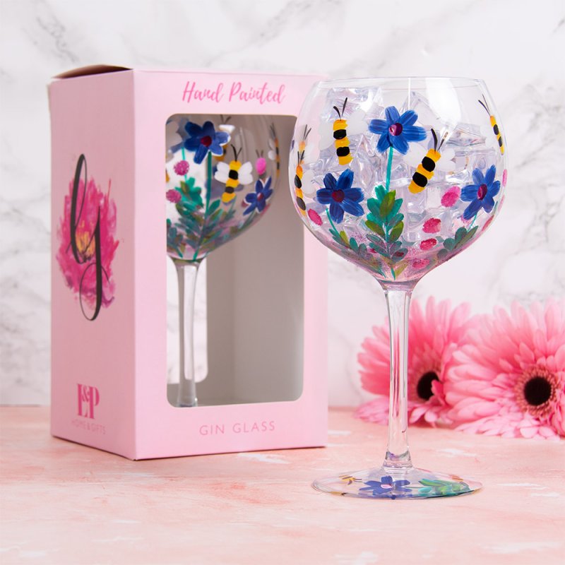 Hand Painted Bees Floral Wide Gin & Tonic Copa Glass
