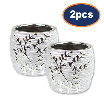 2-pc Ceramic Silver Art Leaves Medium Planter