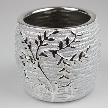 2-pc Ceramic Silver Art Leaves Medium Planter