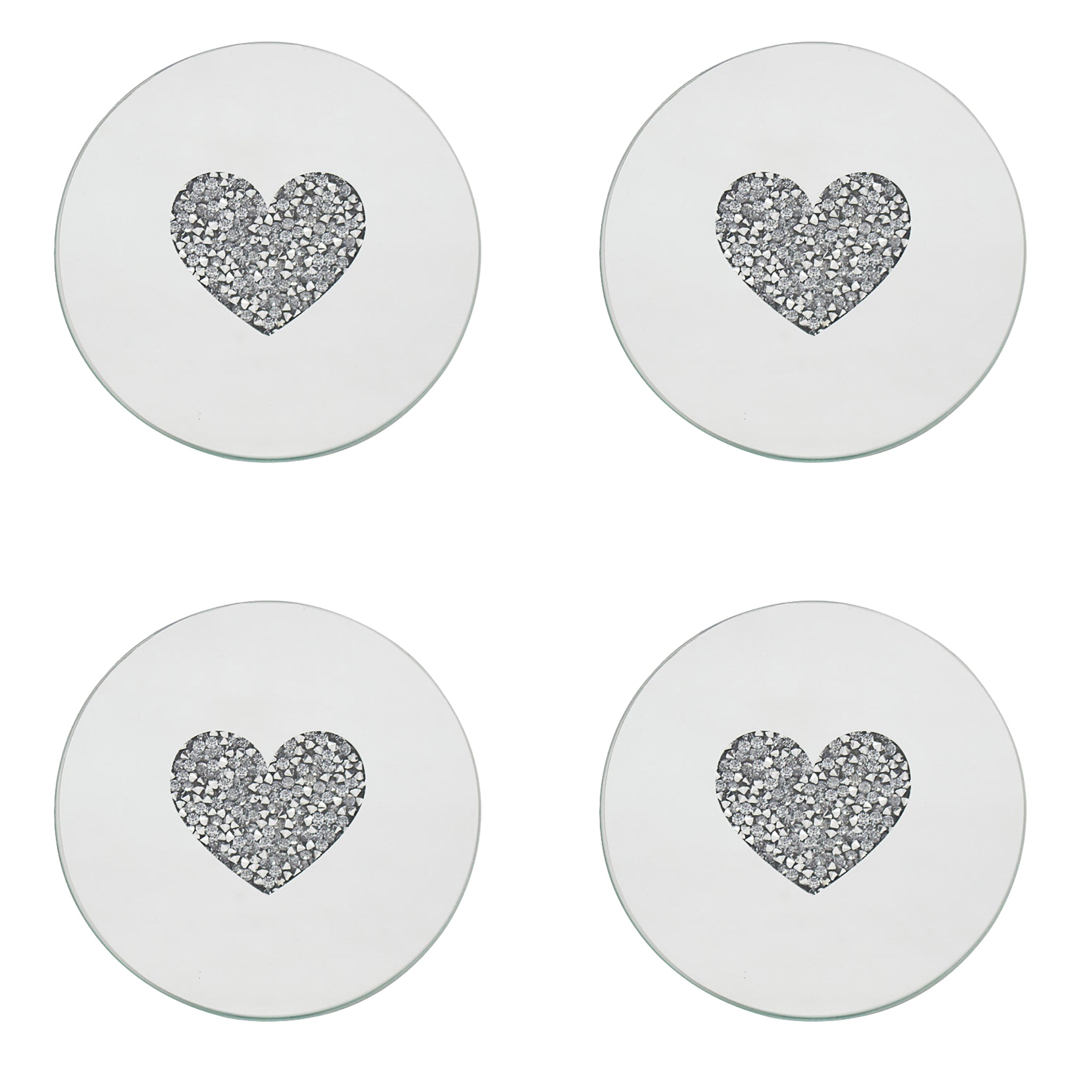 Set of 4 10cm Mirrored Round Candle Plate - Multi Crystal Heart Diamante
