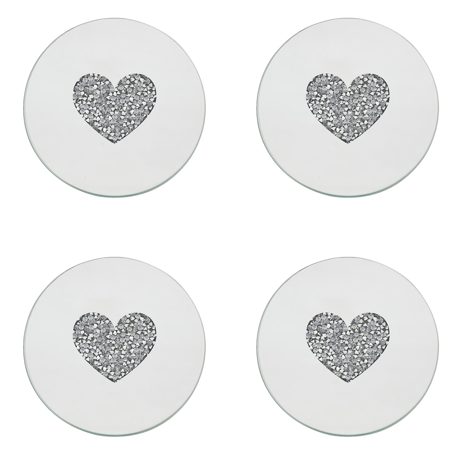 Set of 4 10cm Mirrored Round Candle Plate - Multi Crystal Heart Diamante