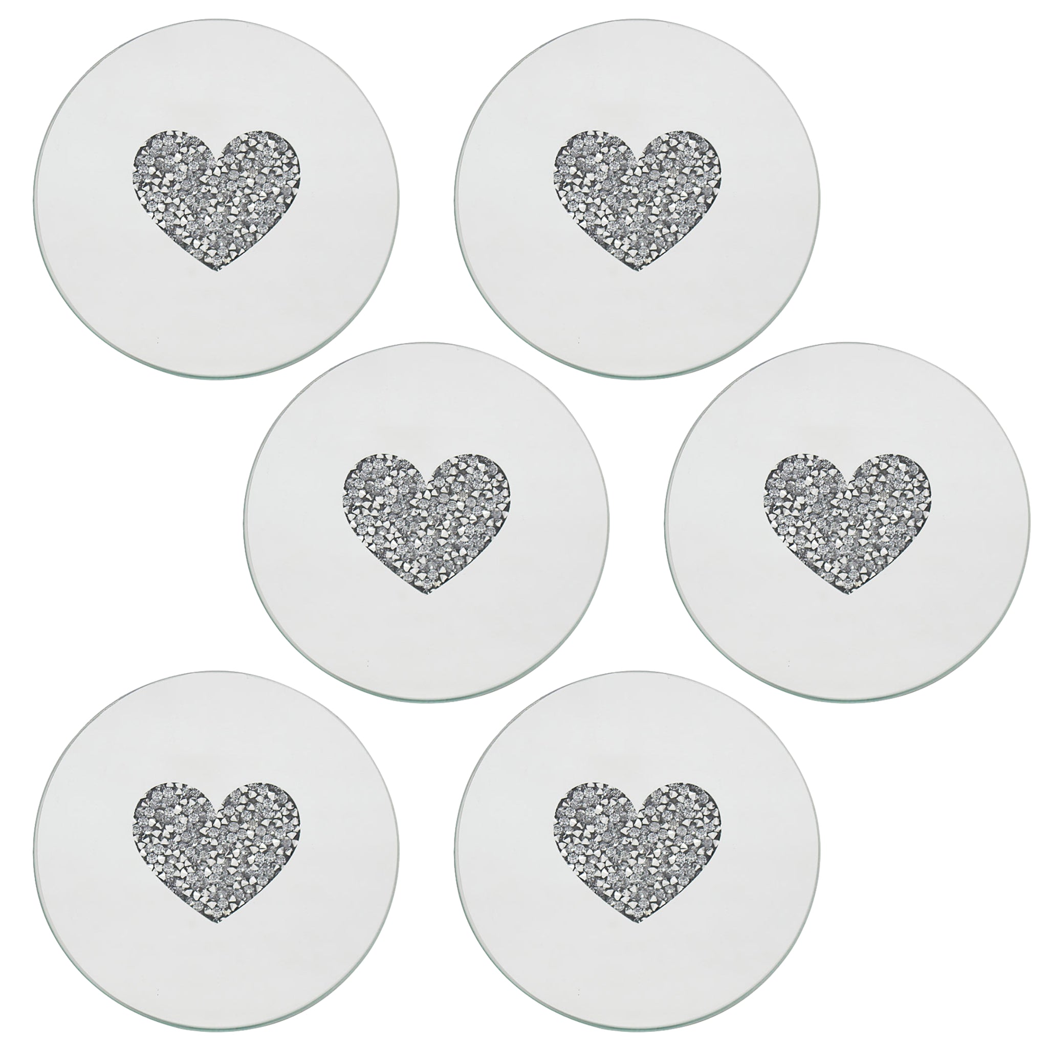 Set of 6 10cm Mirrored Round Candle Plate - Multi Crystal Heart Diamante