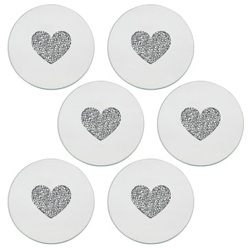Set of 6 10cm Mirrored Round Candle Plate - Multi Crystal Heart Diamante