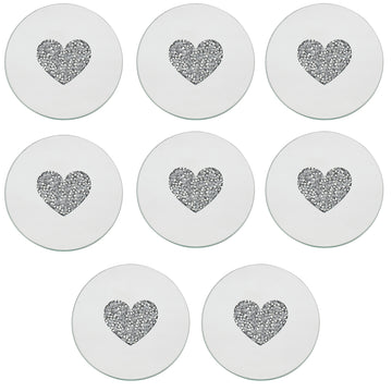 Set of 8 10cm Mirrored Round Candle Plate - Multi Crystal Heart Diamante
