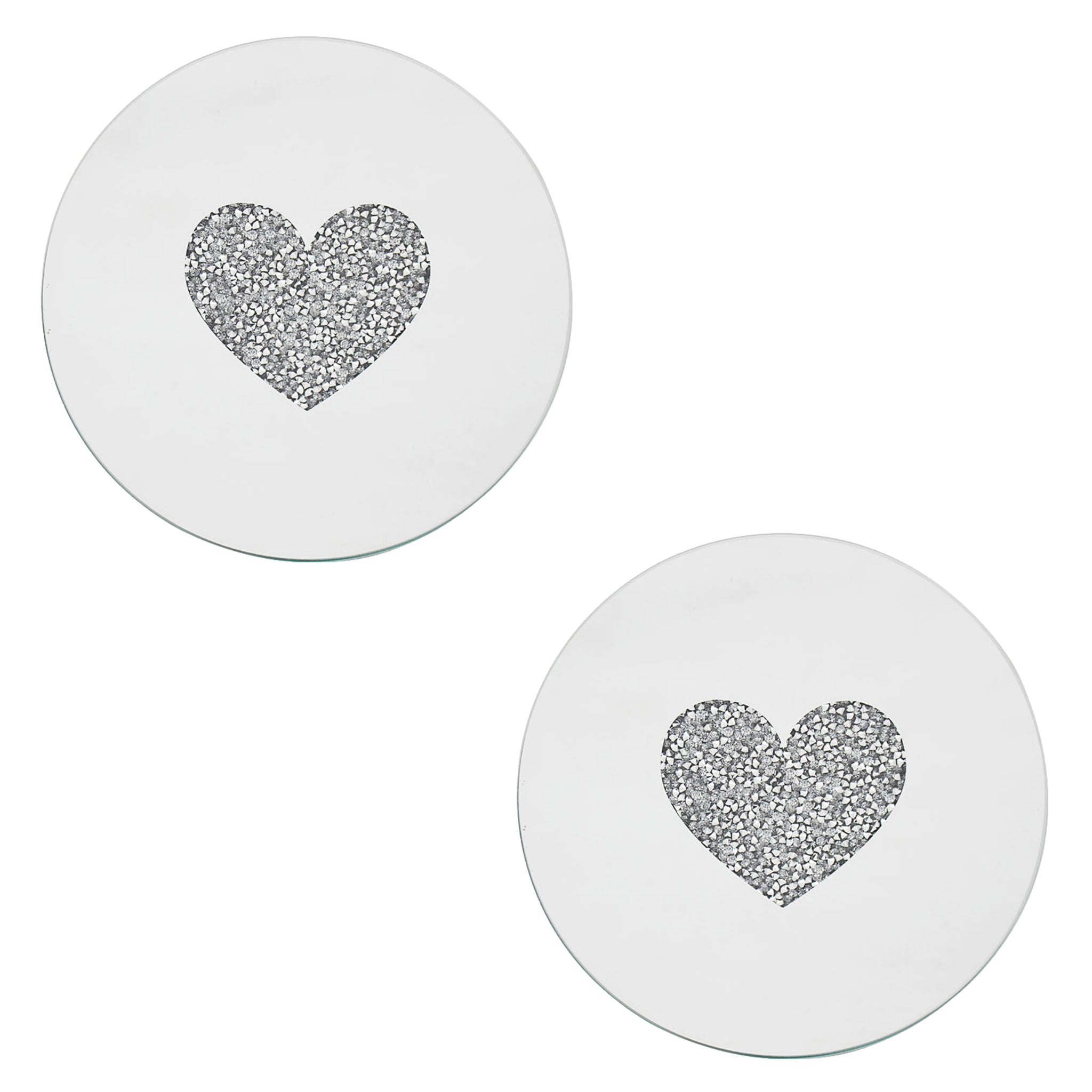 Set of 2 15cm Mirrored Round Candle Plate - Multi Crystal Heart Diamante