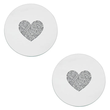 Set of 2 15cm Mirrored Round Candle Plate - Multi Crystal Heart Diamante