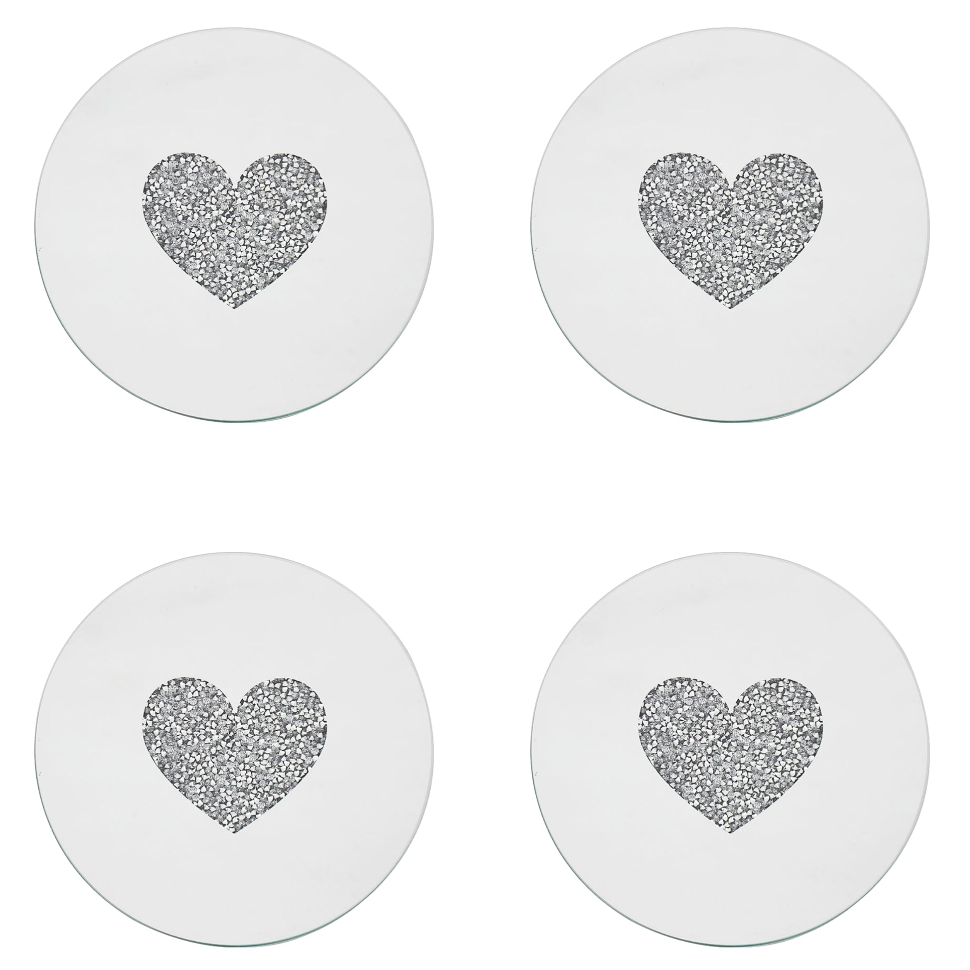 Set of 4 15cm Mirrored Round Candle Plate - Multi Crystal Heart Diamante