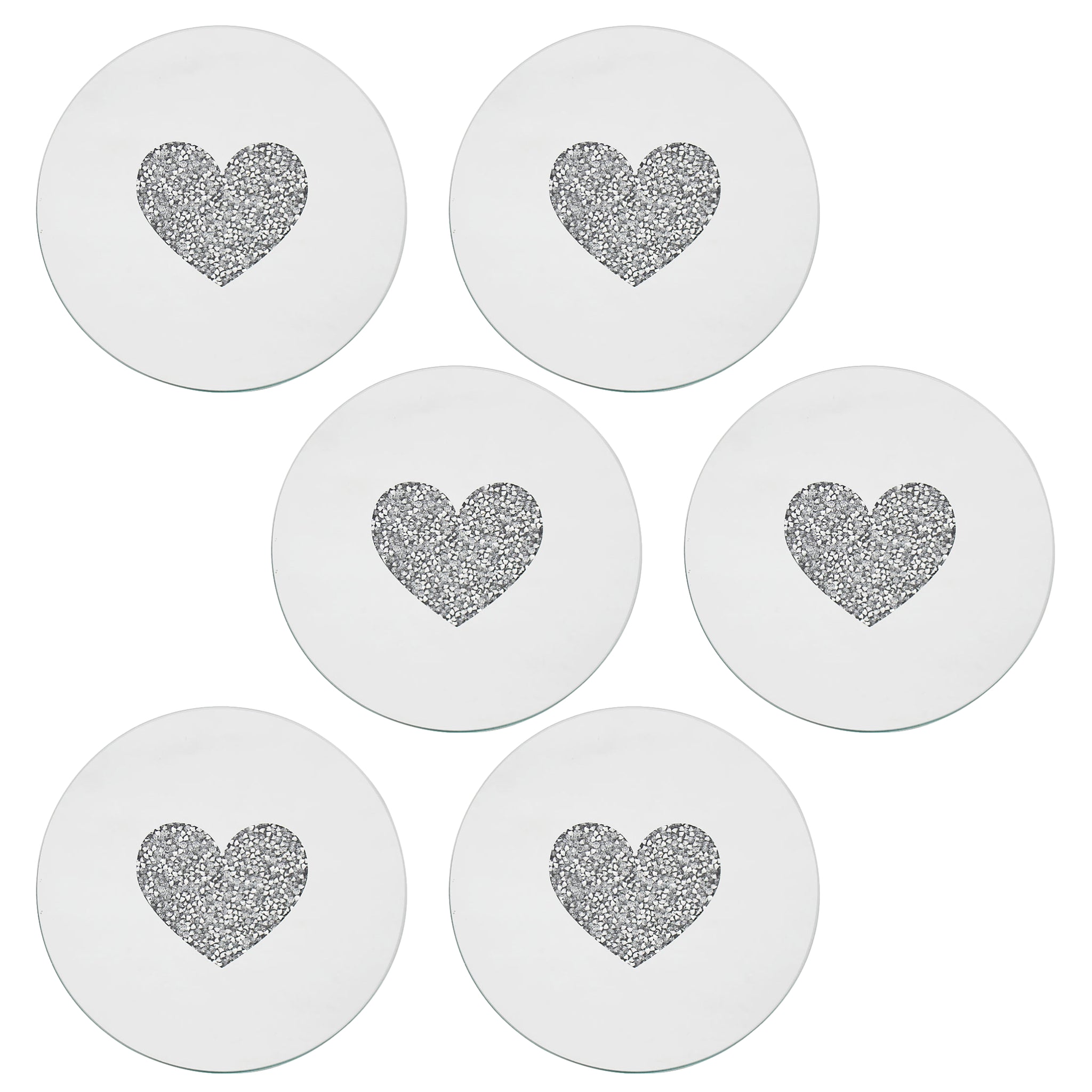 Set of 6 15cm Mirrored Round Candle Plate - Multi Crystal Heart Diamante