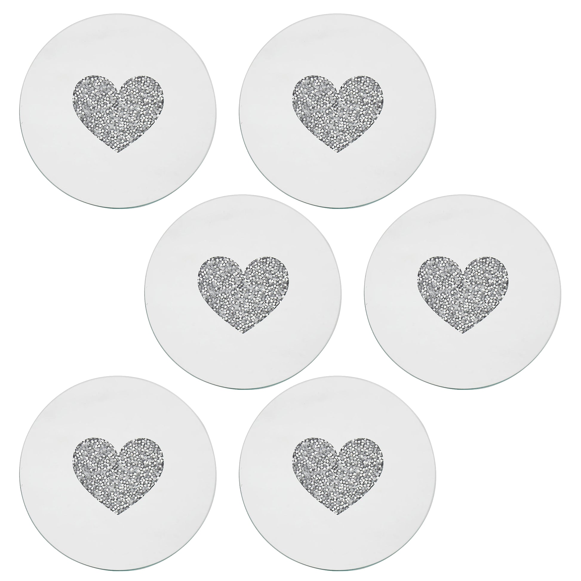 Set of 6 15cm Mirrored Round Candle Plate - Multi Crystal Heart Diamante