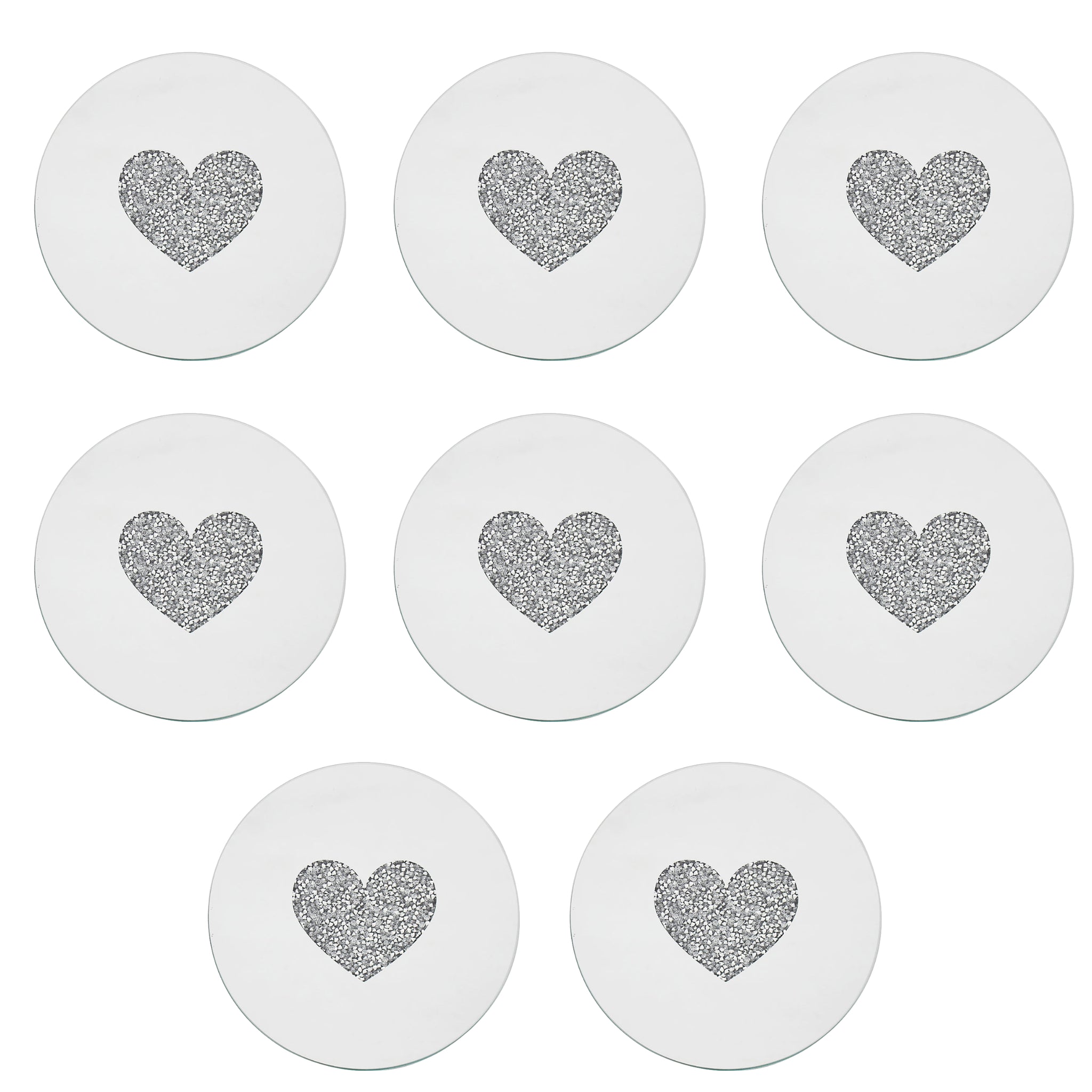 Set of 8 15cm Mirrored Round Candle Plate - Multi Crystal Heart Diamante