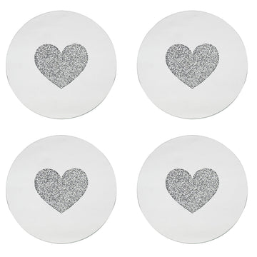 Set of 4 20 cm Mirrored Round Candle Plate - Multi Crystal Heart Diamante