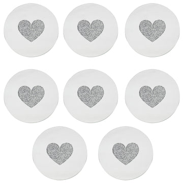 Set of 8 20 cm Mirrored Round Candle Plate - Multi Crystal Heart Diamante
