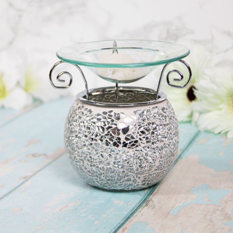 Mini Glass Wax Melt Warmer Oil Burner Silver Mottled Design