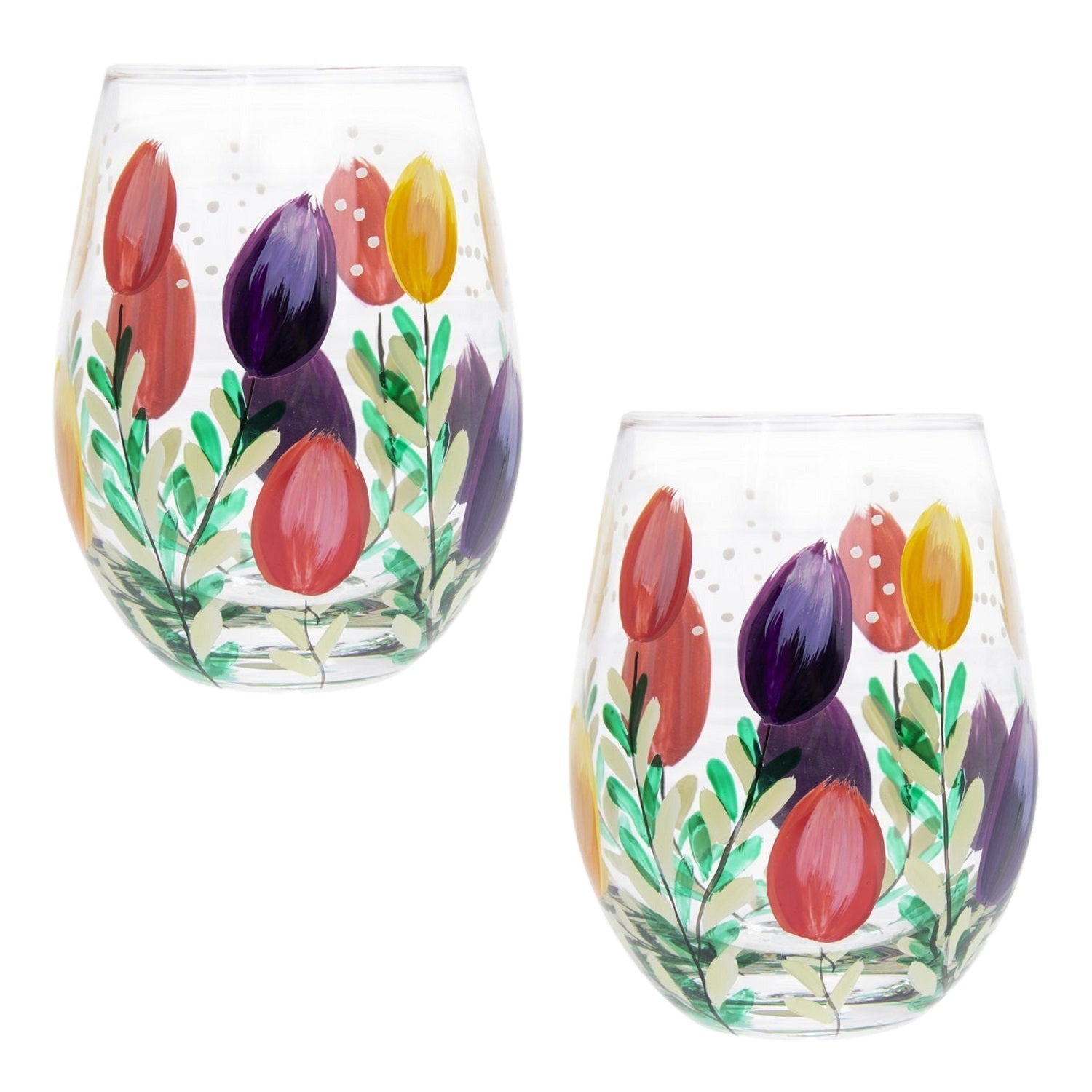 2Pcs 500ml Lynsey Johnstone Hand Painted Tulip Design Stemless Gin Glasses