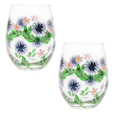 2Pcs 500ml Lynsey Johnstone Hand Painted Cornflower Design Stemless Gin Glasses