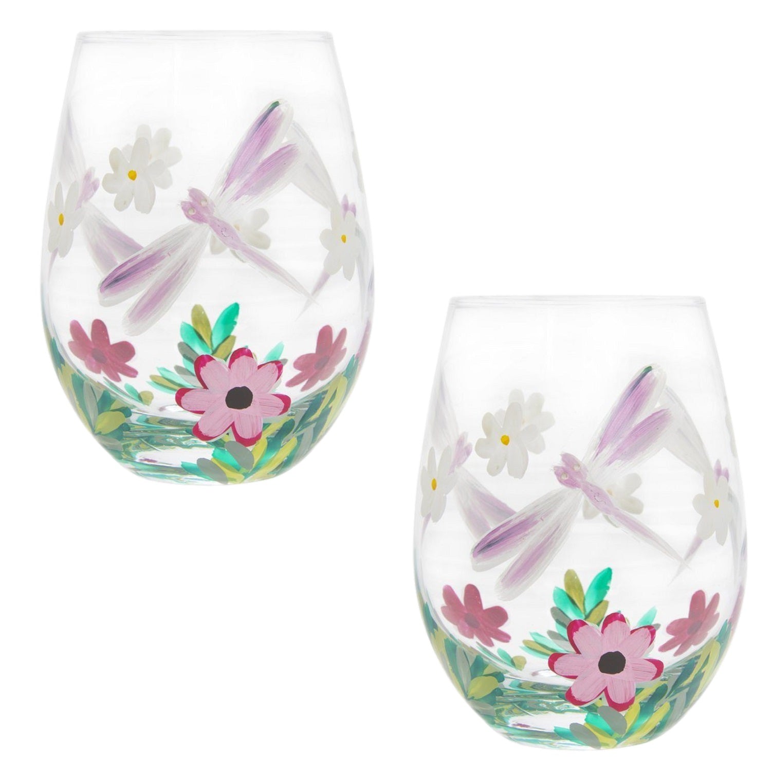 2Pcs 500ml Lynsey Johnstone Hand Painted Dragonfly Flower Stemless Gin Glasses