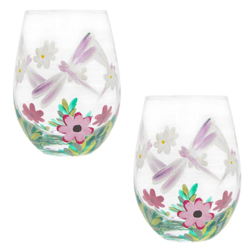 2Pcs 500ml Lynsey Johnstone Hand Painted Dragonfly Flower Stemless Gin Glasses