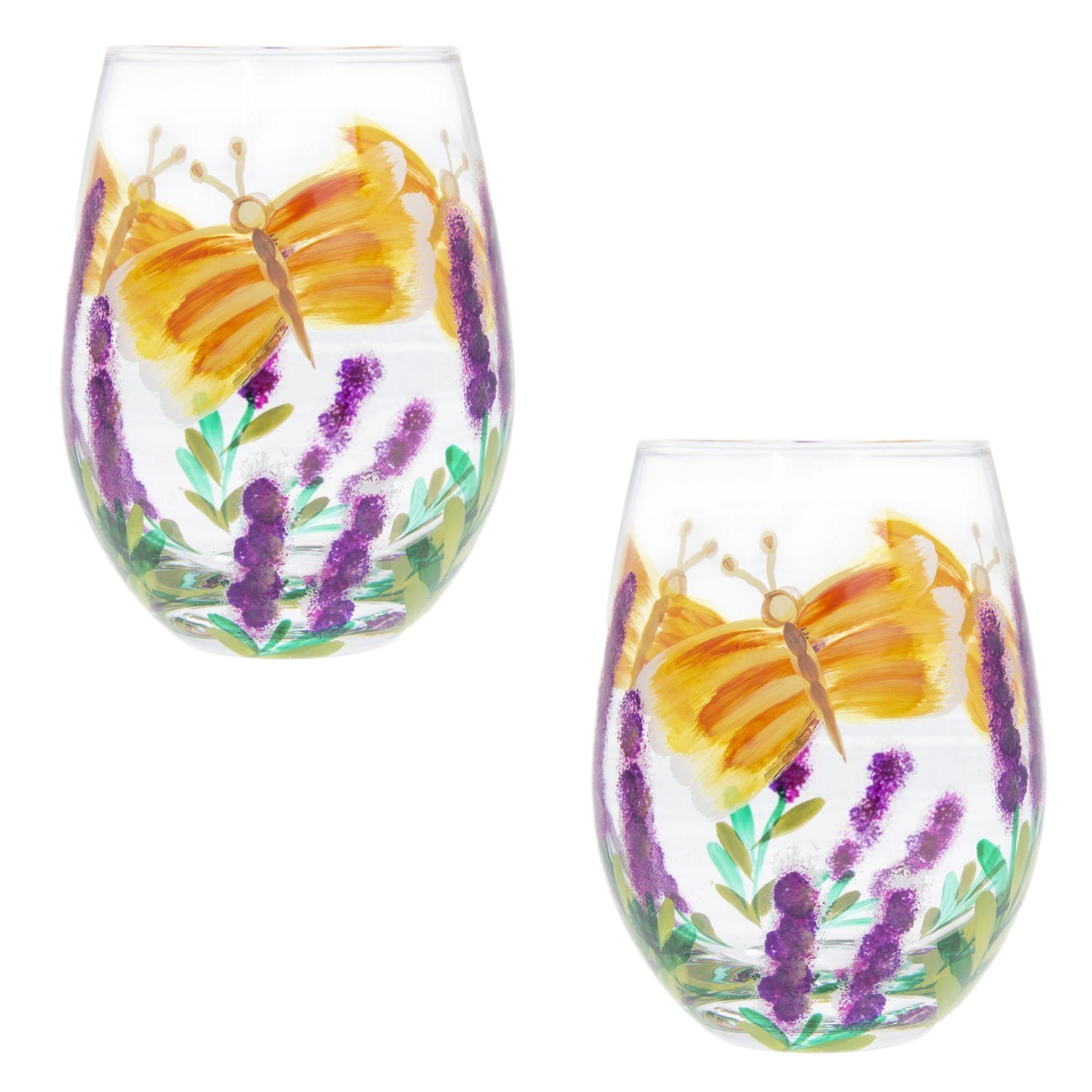 2Pcs 500ml Lynsey Johnstone Hand Painted Butterfly Flower Stemless Gin Glasses