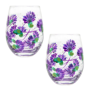 2Pcs 500ml Lynsey Johnstone Hand Painted Thistle Flowers Stemless Gin Glasses