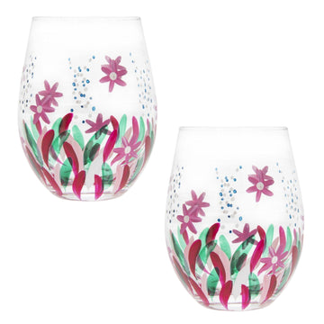 2Pcs 500ml Lynsey Johnstone Hand Painted Wild Flowers Stemless Gin Glasses