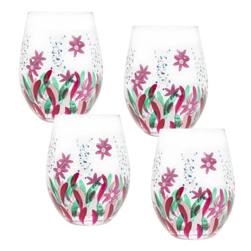 4Pcs 500ml Lynsey Johnstone Hand Painted Wild Flowers Stemless Gin Glasses