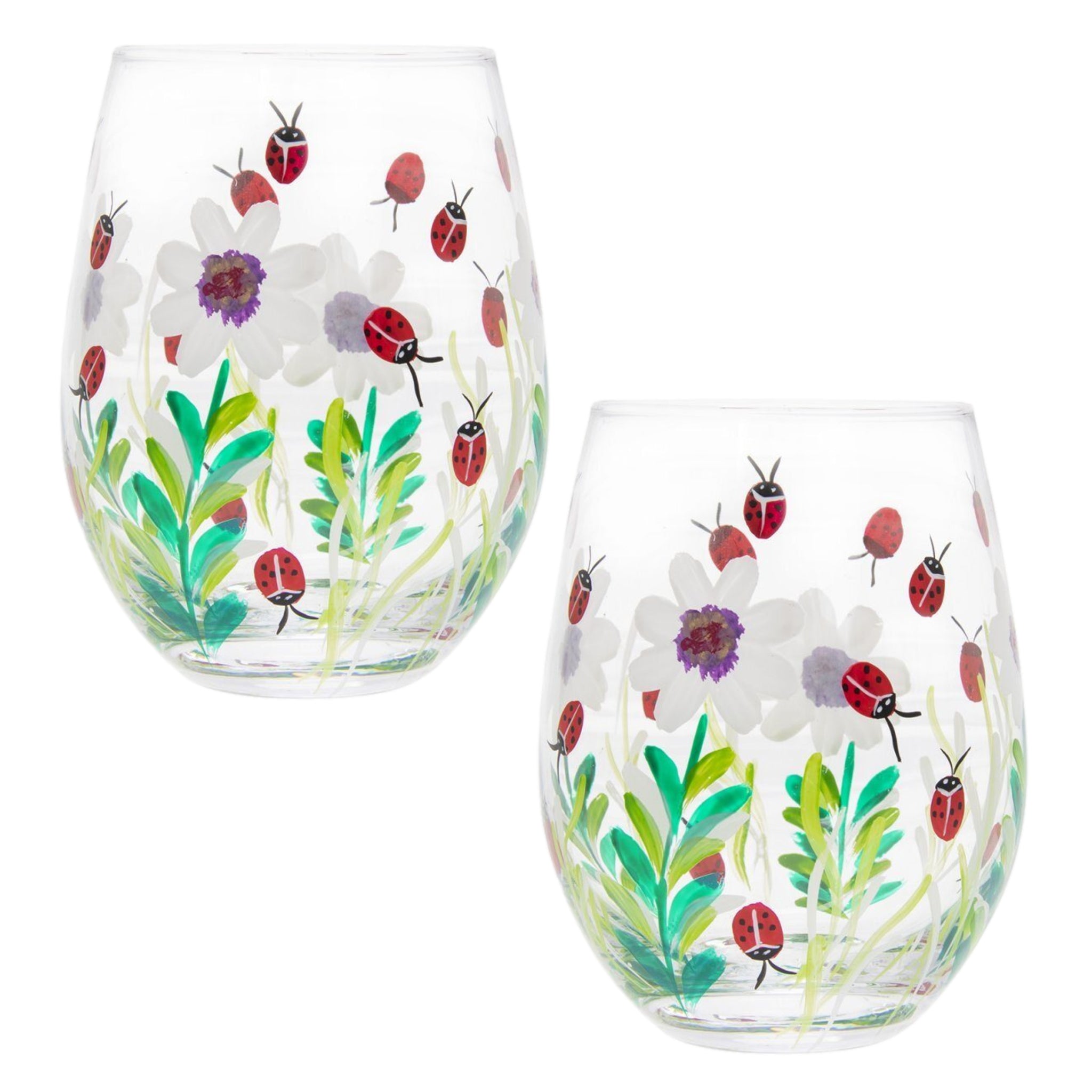 2Pcs 500ml Lynsey Johnstone Hand Painted Ladybirds Flower Stemless Gin Glasses