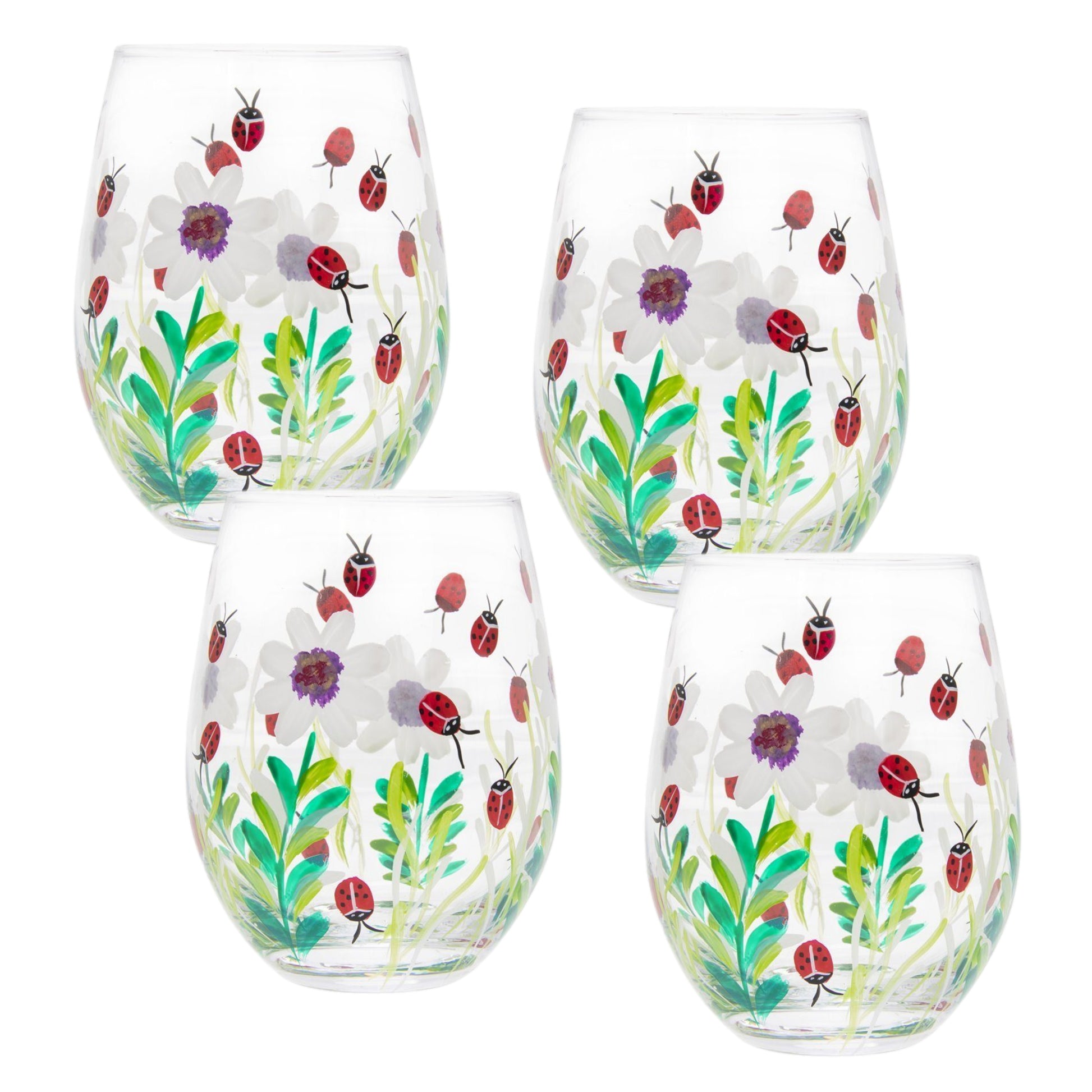 4Pcs 500ml Lynsey Johnstone Hand Painted Ladybirds Flower Stemless Gin Glasses