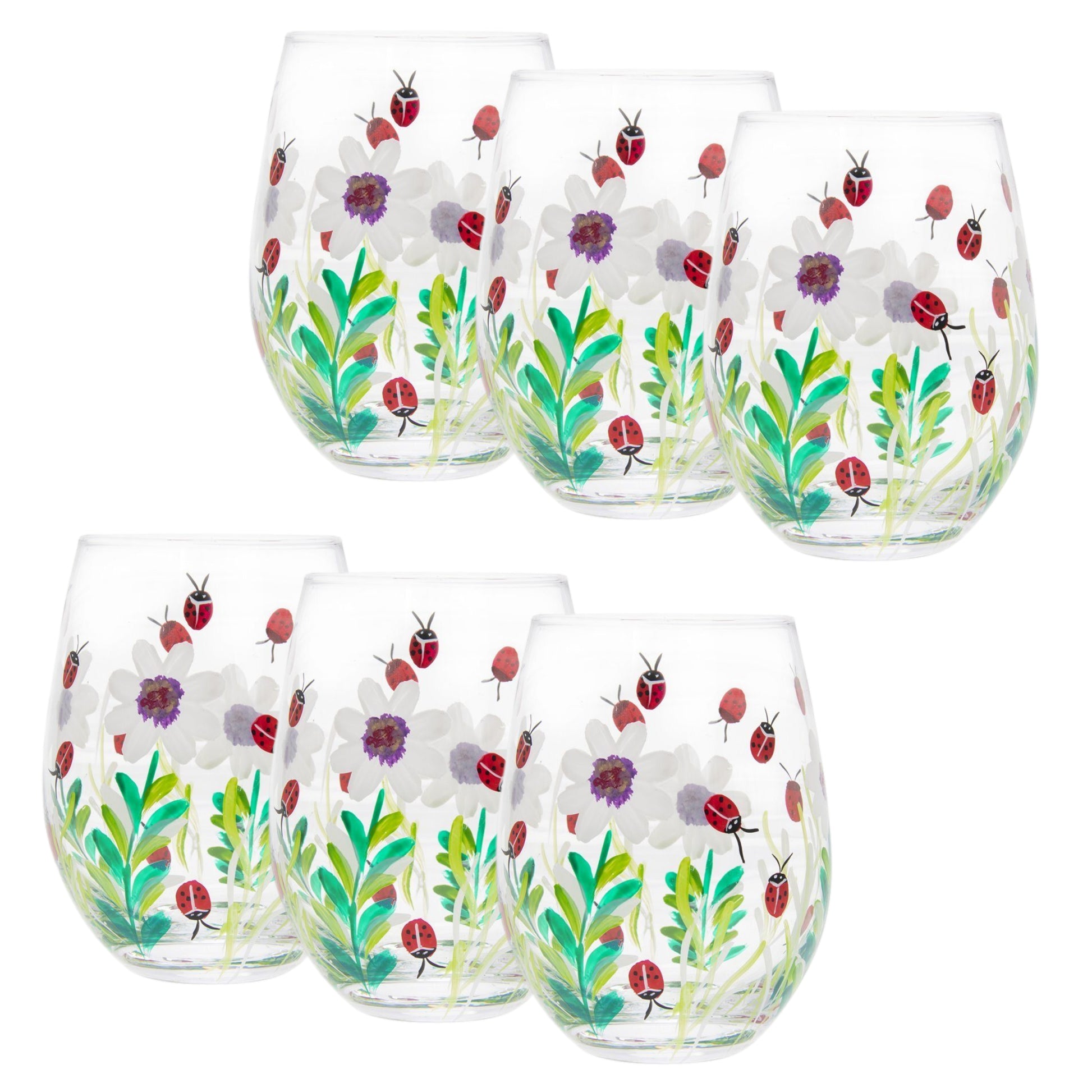 6Pcs 500ml Lynsey Johnstone Hand Painted Ladybirds Flower Stemless Gin Glasses