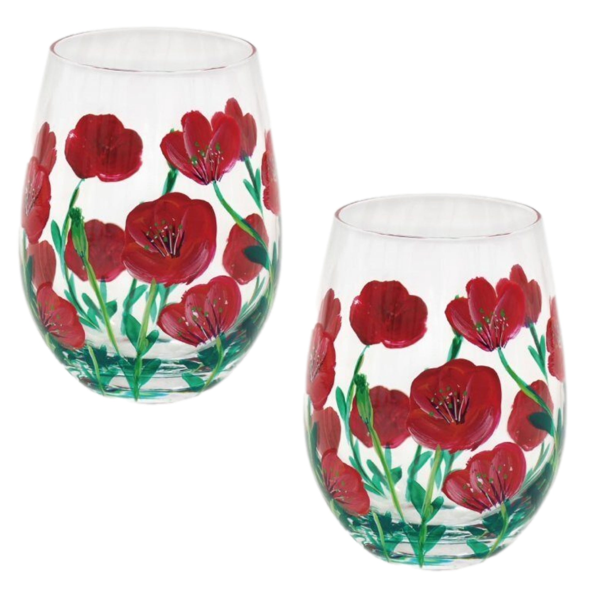 2Pcs 500ml Lynsey Johnstone Hand Painted Poppies Flowers Stemless Gin Glasses