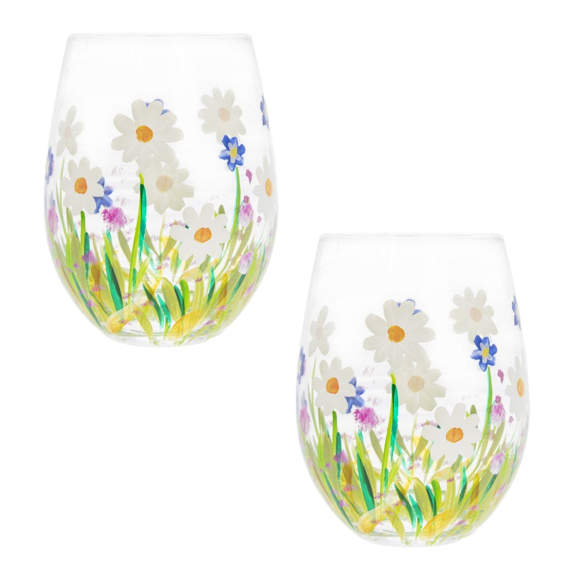 2Pcs 500ml Lynsey Johnstone Hand Painted Dainty Daisies Stemless Gin Glasses