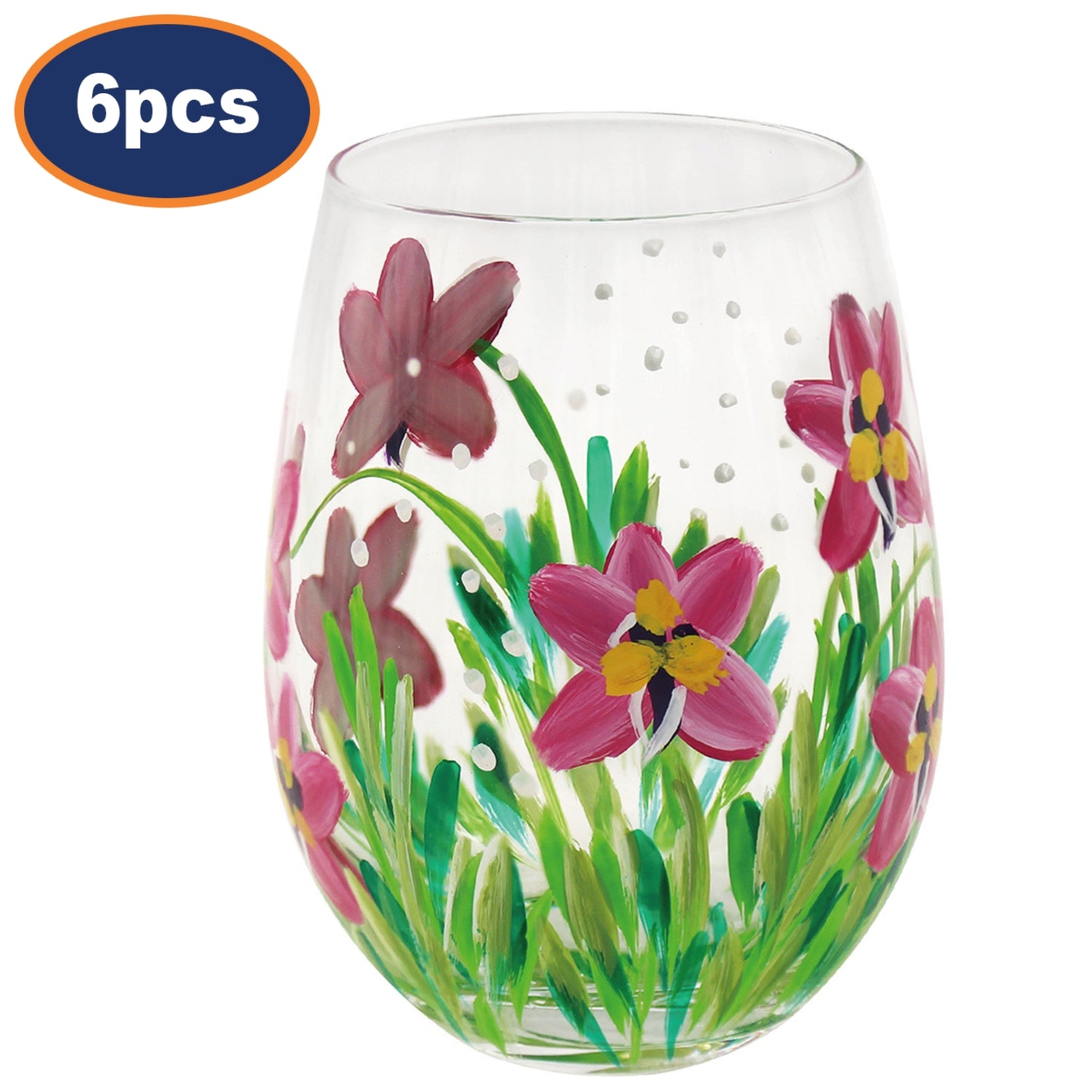 6Pcs 500ml Lynsey Johnstone Hand Painted Pink Orchids Stemless Gin Glasses