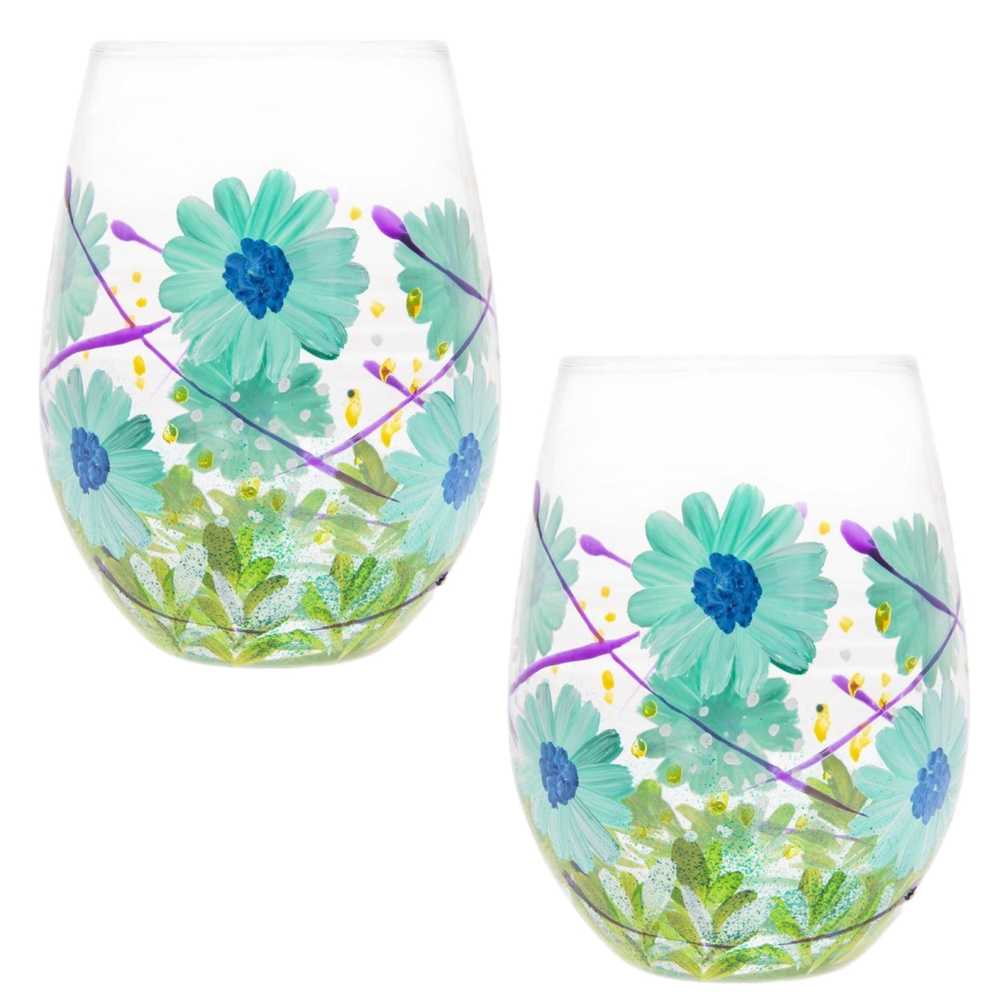 2Pcs 500ml Lynsey J Hand Painted Blue Gerbera Flowers Stemless Gin Glasses